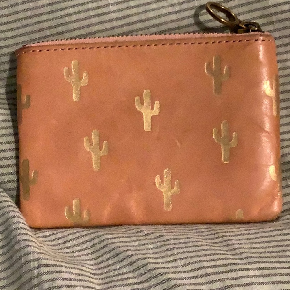 Madewell tan leather wallet with Gold Cactus Design